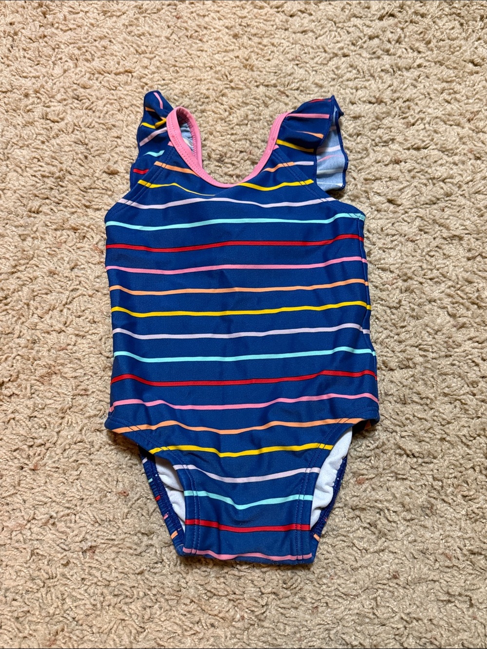 Hanna Andersson Navy One-Piece Swimsuit with Multicolor Stripes and Pink Trim